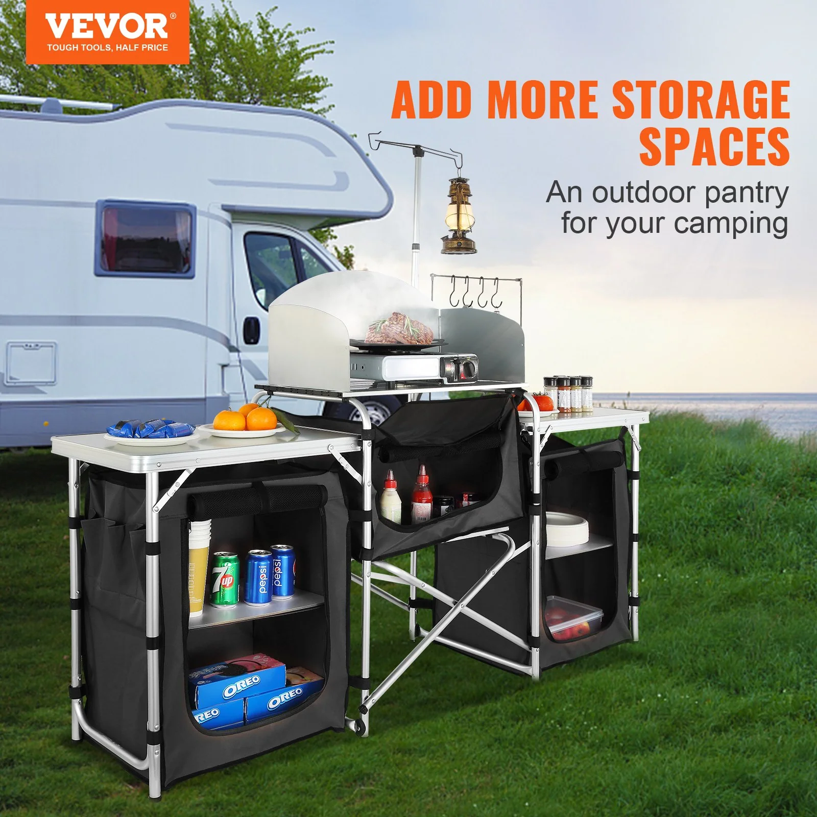 VEVOR Camping Kitchen Table, Folding Outdoor Cooking Table with Storage Carrying Bag, Aluminum Cook Station 3 Cupboard & Detachable Windscreen, Quick Set-up for Picnics, BBQ, RV Traveling, Black - Bild 4