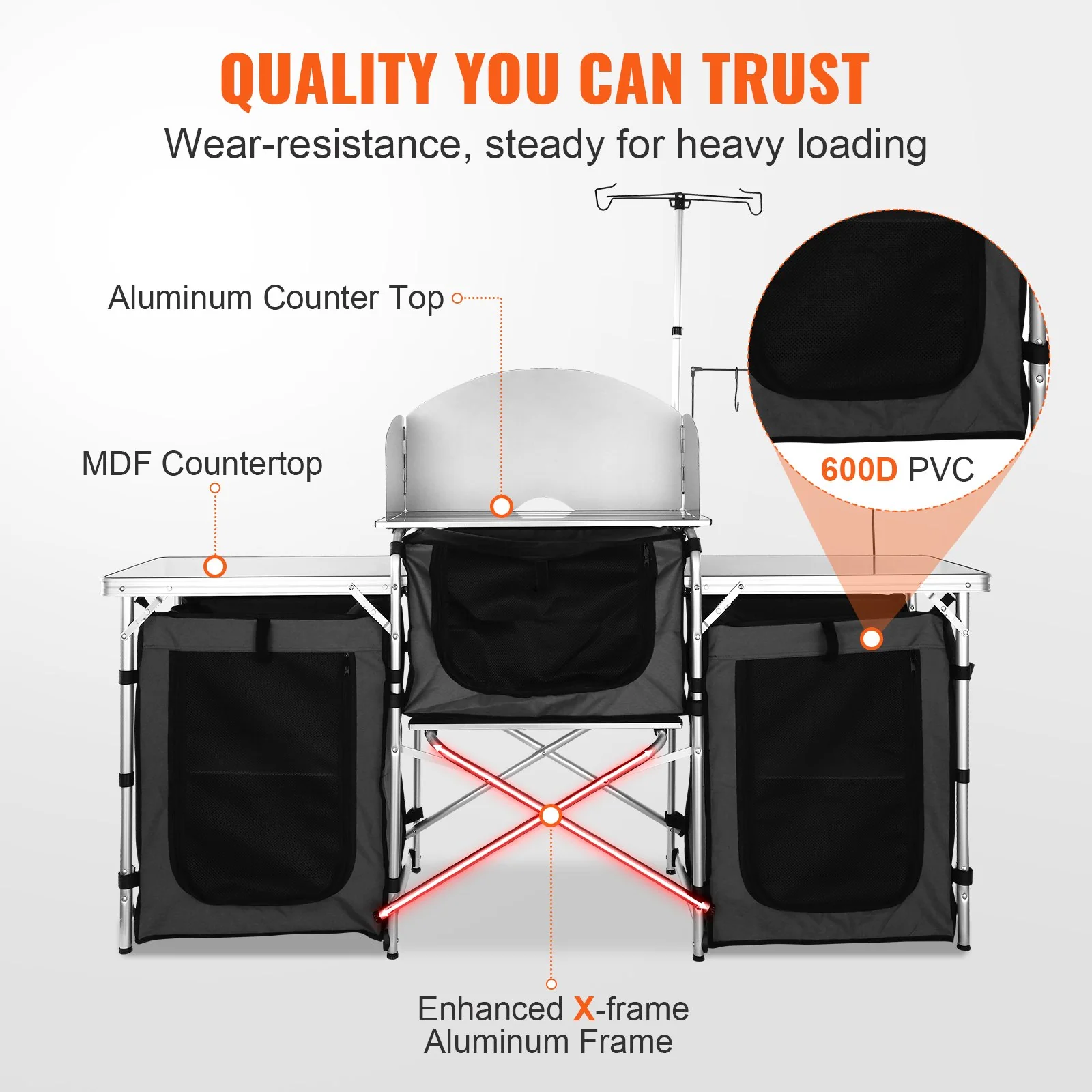VEVOR Camping Kitchen Table, Folding Outdoor Cooking Table with Storage Carrying Bag, Aluminum Cook Station 3 Cupboard & Detachable Windscreen, Quick Set-up for Picnics, BBQ, RV Traveling, Black - Bild 3
