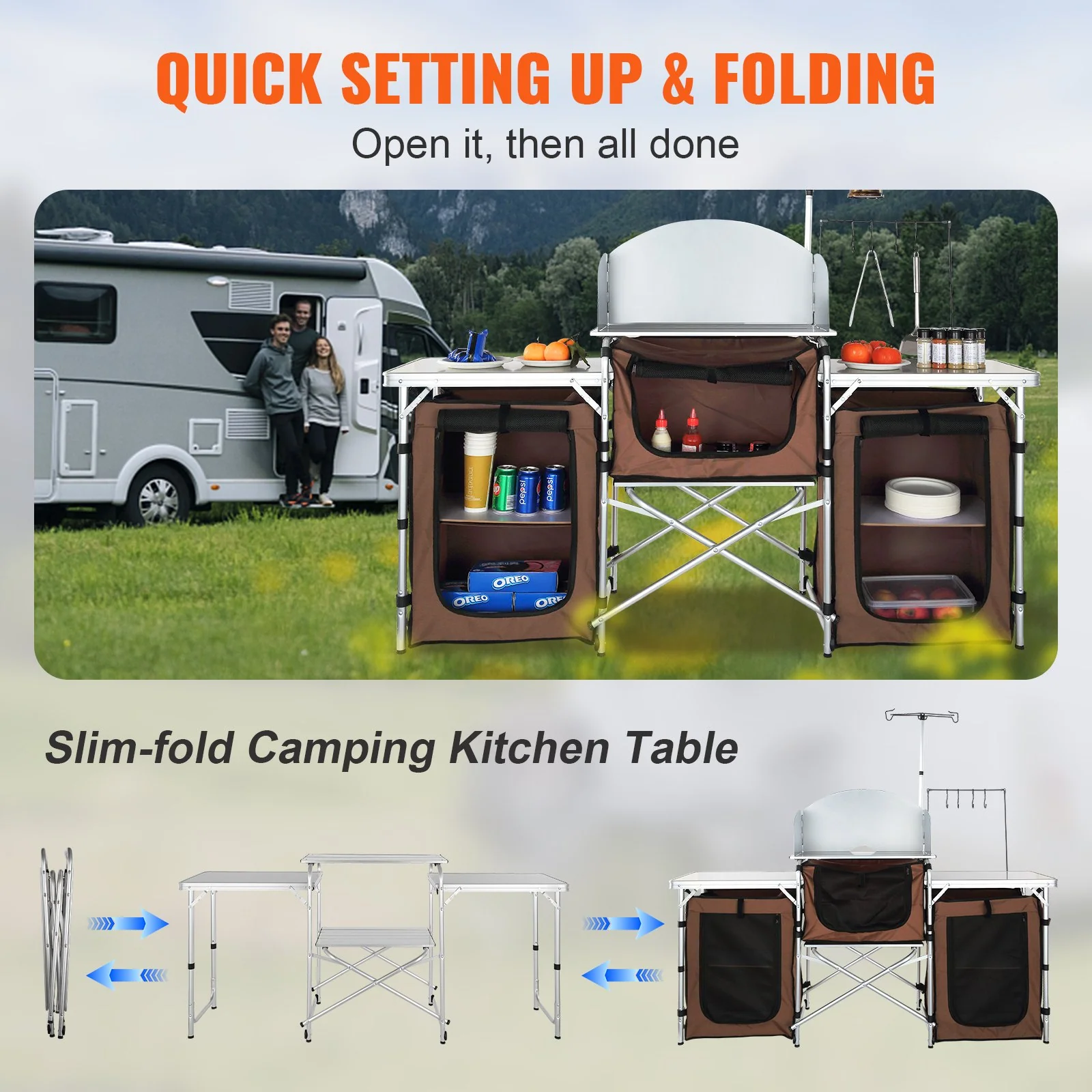 VEVOR Camping Kitchen Table, Folding Outdoor Cooking Table with Storage Carrying Bag, Aluminum Cook Station 3 Cupboard & Detachable Windscreen, Quick Set-up for Picnics, BBQ, RV Traveling, Brown - Bild 4