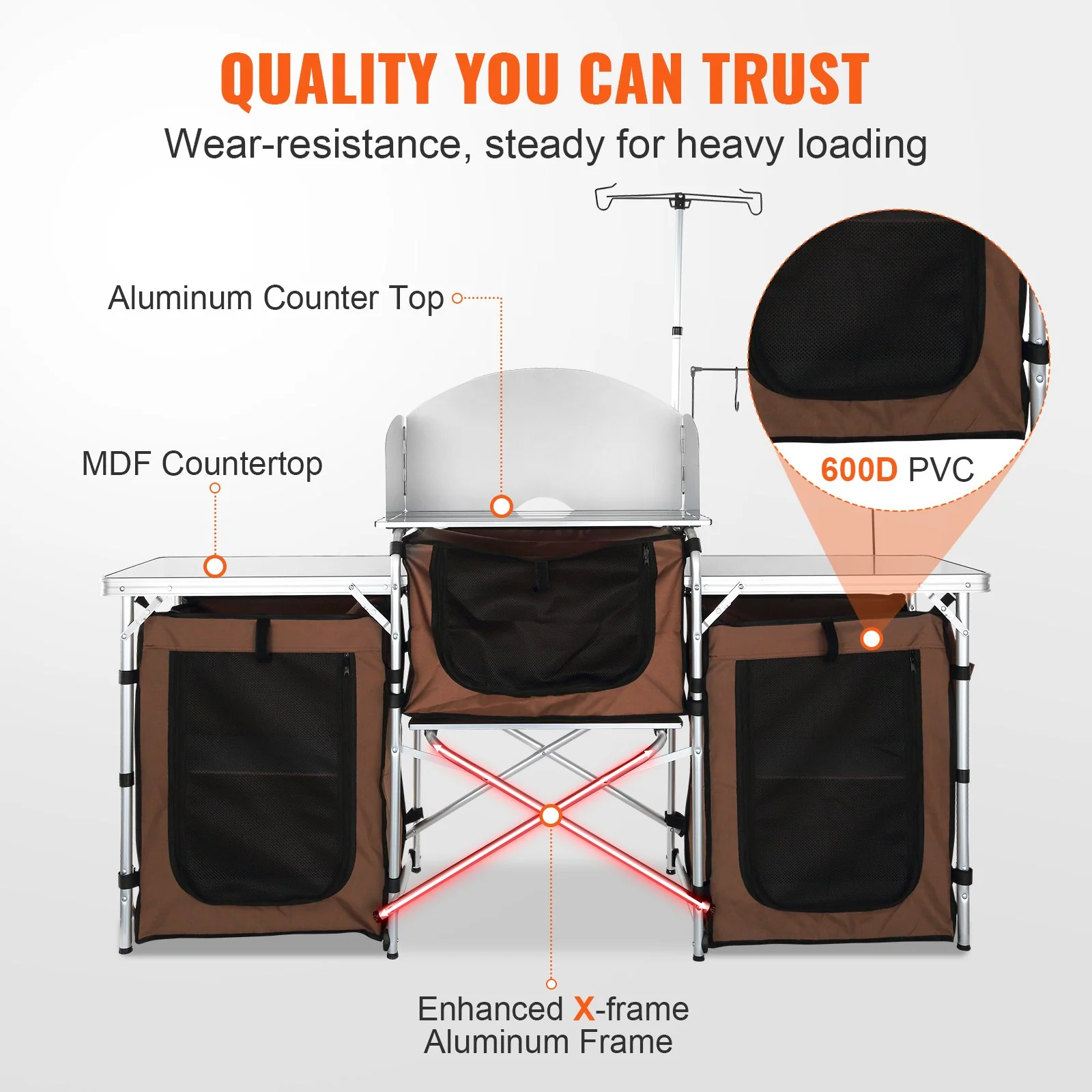 VEVOR Camping Kitchen Table, Folding Outdoor Cooking Table with Storage Carrying Bag, Aluminum Cook Station 3 Cupboard & Detachable Windscreen, Quick Set-up for Picnics, BBQ, RV Traveling, Brown - Bild 5