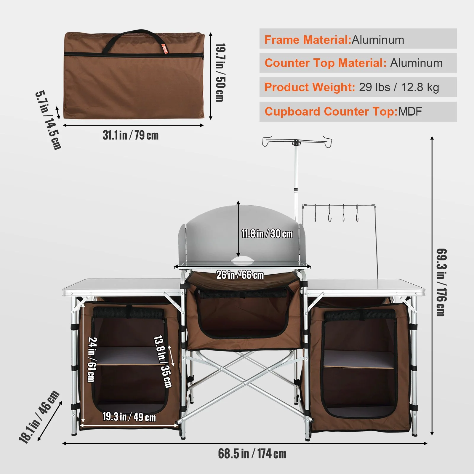 VEVOR Camping Kitchen Table, Folding Outdoor Cooking Table with Storage Carrying Bag, Aluminum Cook Station 3 Cupboard & Detachable Windscreen, Quick Set-up for Picnics, BBQ, RV Traveling, Brown - Bild 3