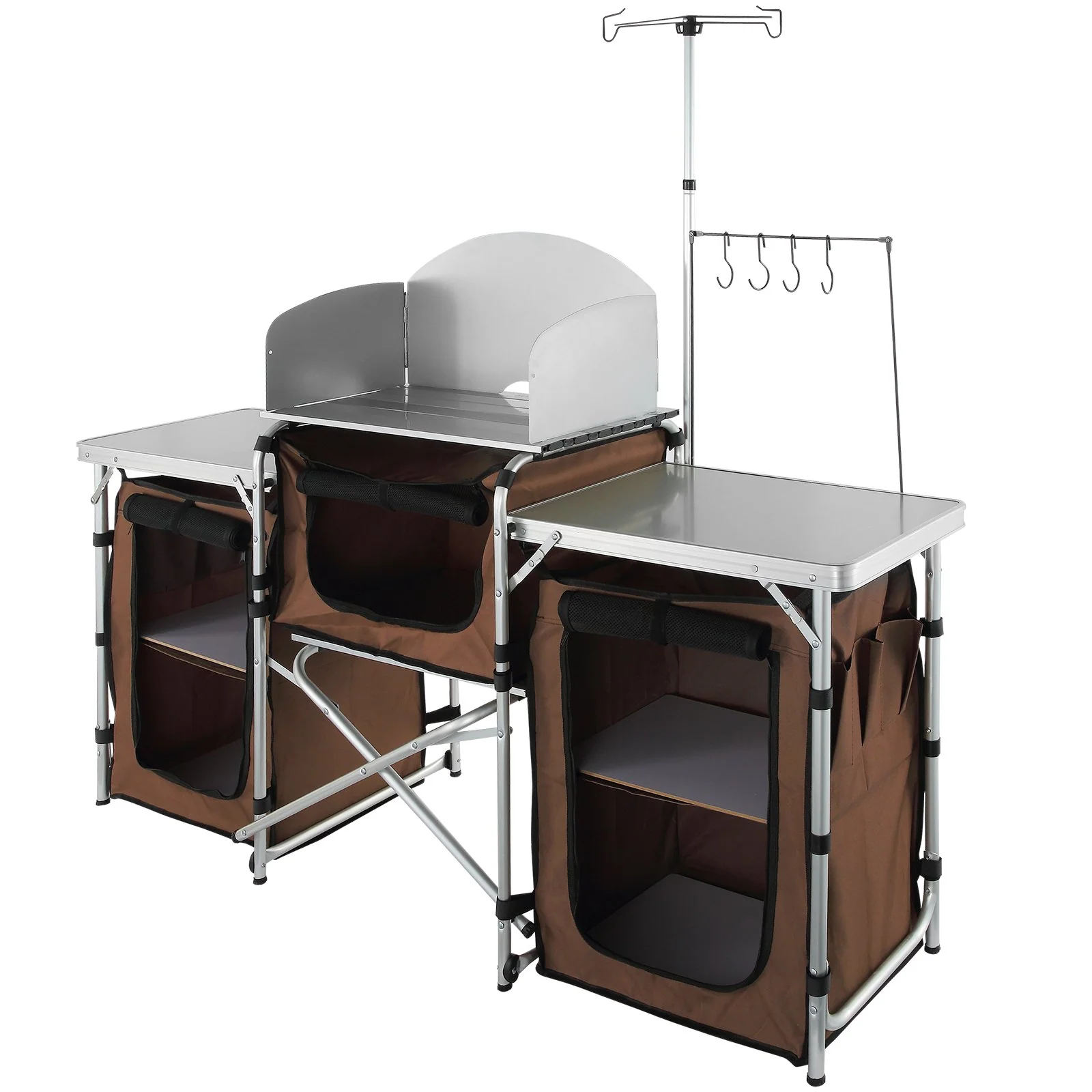 VEVOR Camping Kitchen Table, Folding Outdoor Cooking Table with Storage Carrying Bag, Aluminum Cook Station 3 Cupboard & Detachable Windscreen, Quick Set-up for Picnics, BBQ, RV Traveling, Brown - Bild 2